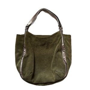 Y2K LORELEI slouchy suede leather bag in green & metallic pewter gold
